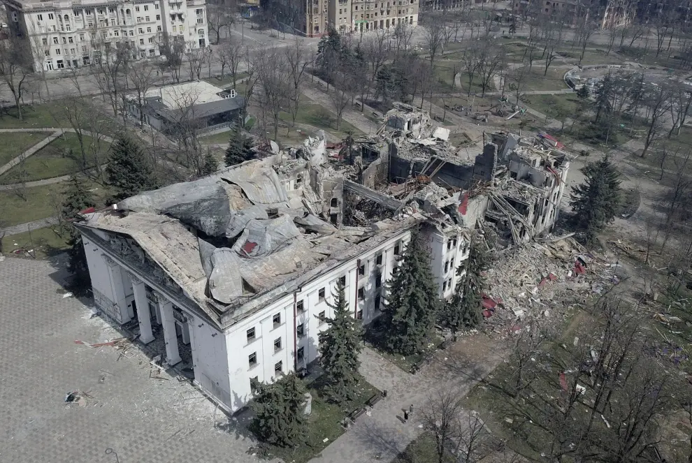 A view shows the building of a theatre destroyed in the course of Ukraine-Russia conflict in the southern port city of Mariupol, Ukraine April 10, 2022.  Picture taken with a drone. REUTERS/Pavel Klimov UKRAINE-CRISIS/MARIUPOL
