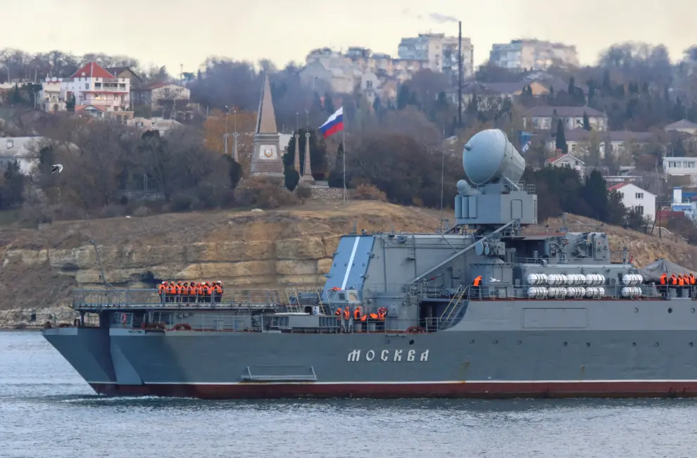 FILE PHOTO: Moskva cruiser sails into the harbour of Sevastopol