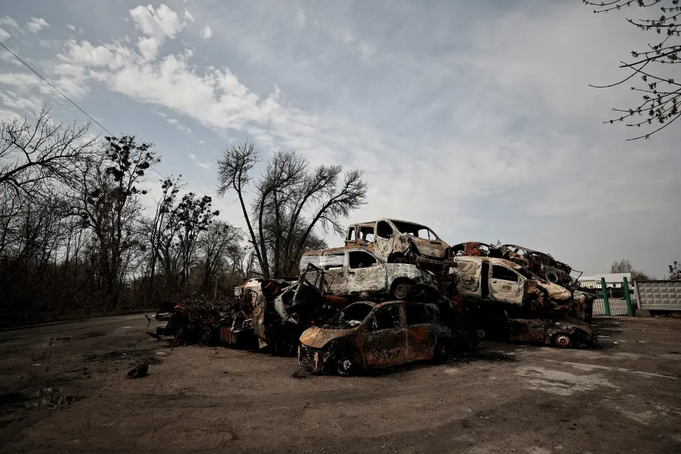 Cars destroyed amid Russia's attack on Ukraine are pictured after they were collected from different places, in Hostomel, Kyiv region, Ukraine April 23, 2022. REUTERS/Zohra Bensemra UKRAINE-CRISIS/