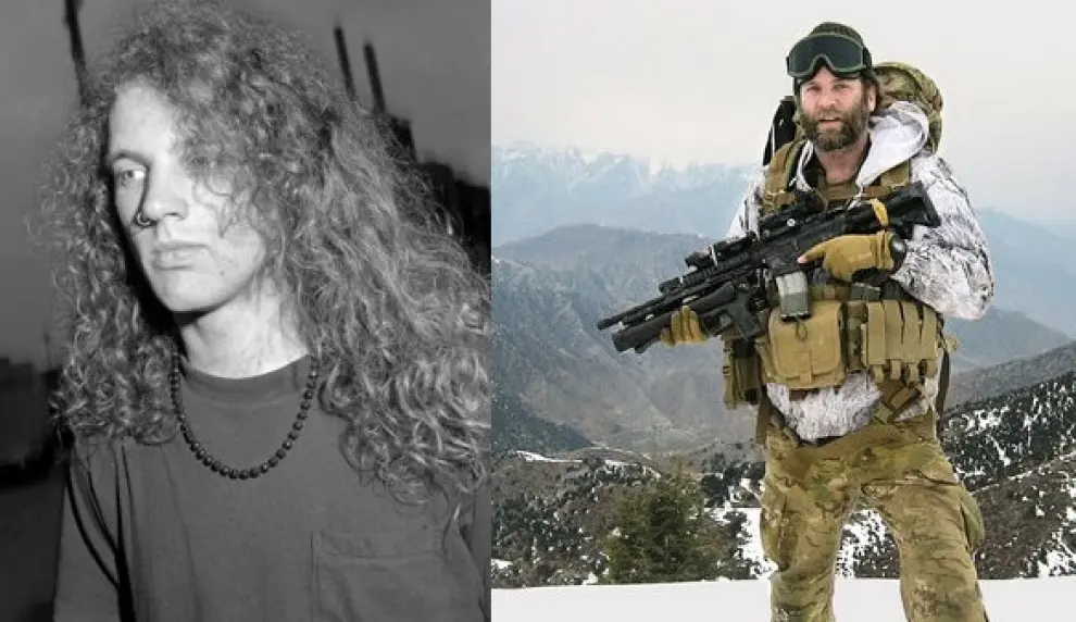 El guitarrista y soldado Jason Everman hace tres décadas, cuando era iembro de Nirvana y Soundgarden, y en la actualidad.