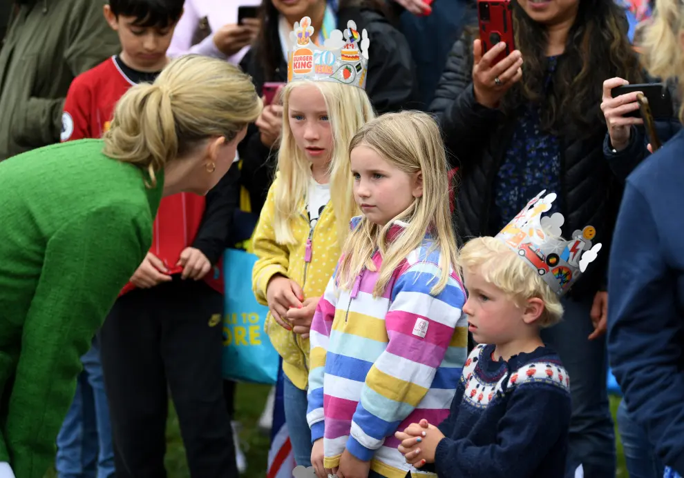 Britain's Sophie, Countess of Wessex, speaks with children attending the Big Jubilee Lunch on The Long Walk as part of celebrations marking the Platinum Jubilee of Britain's Queen Elizabeth, in Windsor, Britain, June 5, 2022. Daniel Leal/Pool via REUTERS BRITAIN-ROYALS/PLATINUM-JUBILEE BIG LUNCH-WINDSOR