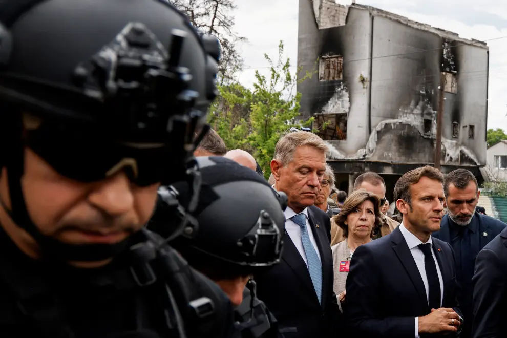 France's President Emmanuel Macron reacts as he visits Irpin, Ukraine June 16, 2022. Ludovic Marin/Pool via REUTERS UKRAINE-CRISIS/EU-LEADERS