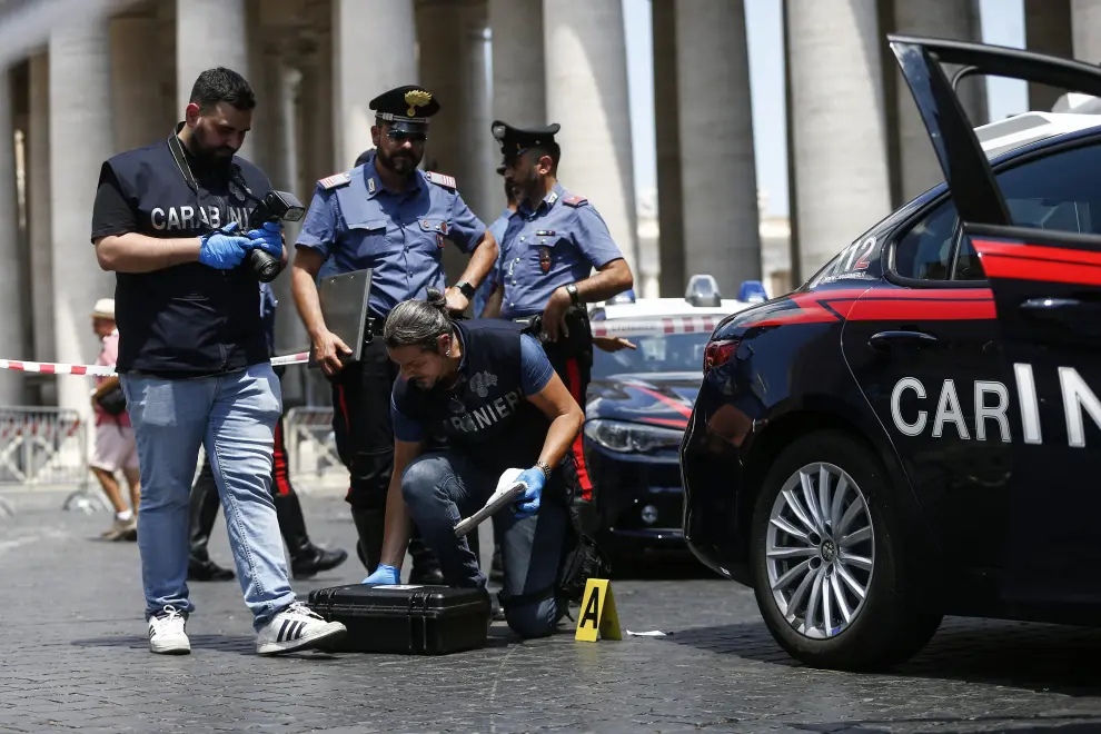 A view of the scene near Vatican City where a car did not stop at the halt and broke through Vatican barriers in Rome, Italy, June 19, 2022. REUTERS/Remo Casilli ITALY-POLICE/CAR