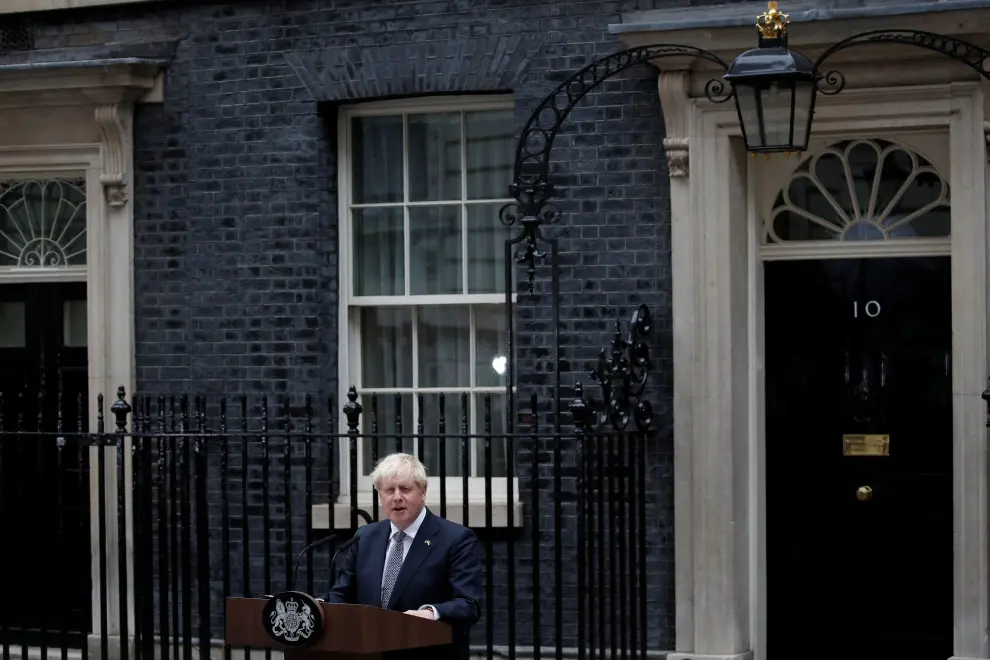 British Prime Minister Boris Johnson makes a statement at Downing Street in London, Britain, July 7, 2022. REUTERS/Henry Nicholls BRITAIN-POLITICS/