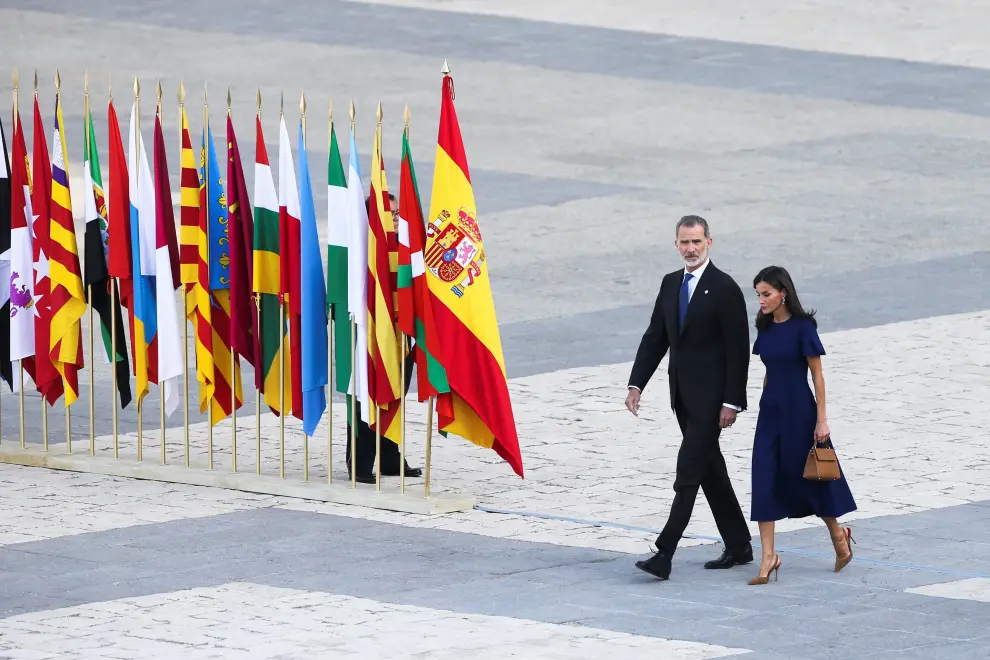 Spain's King Felipe and Queen Letizia attend at a state ceremony commemorating coronavirus disease (COVID-19) victims and health workers, in Madrid, Spain, July 15, 2022. REUTERS/Isabel Infantes HEALTH-CORONAVIRUS/SPAIN