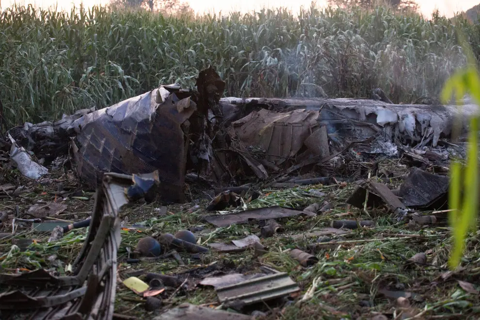 Debris is seen at the crash site of an Antonov An-12 cargo plane owned by a Ukrainian company, near Kavala, Greece, July 17, 2022. REUTERS/Alkis Konstantinidis GREECE-AIRCRAFT/CRASH