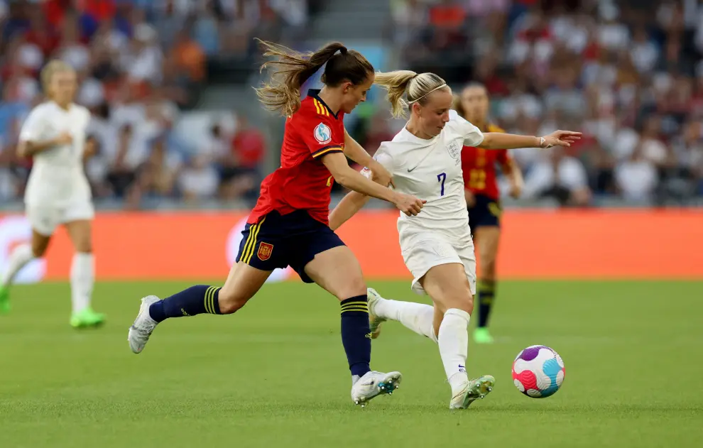 Soccer Football - Women's Euro 2022 - Quarter Final - England v Spain - The American Express Community Stadium, Brighton, Britain - July 20, 2022 Spain's Mapi Leon in action REUTERS/Dylan Martinez SOCCER-EURO-ENG-ESP/REPORT