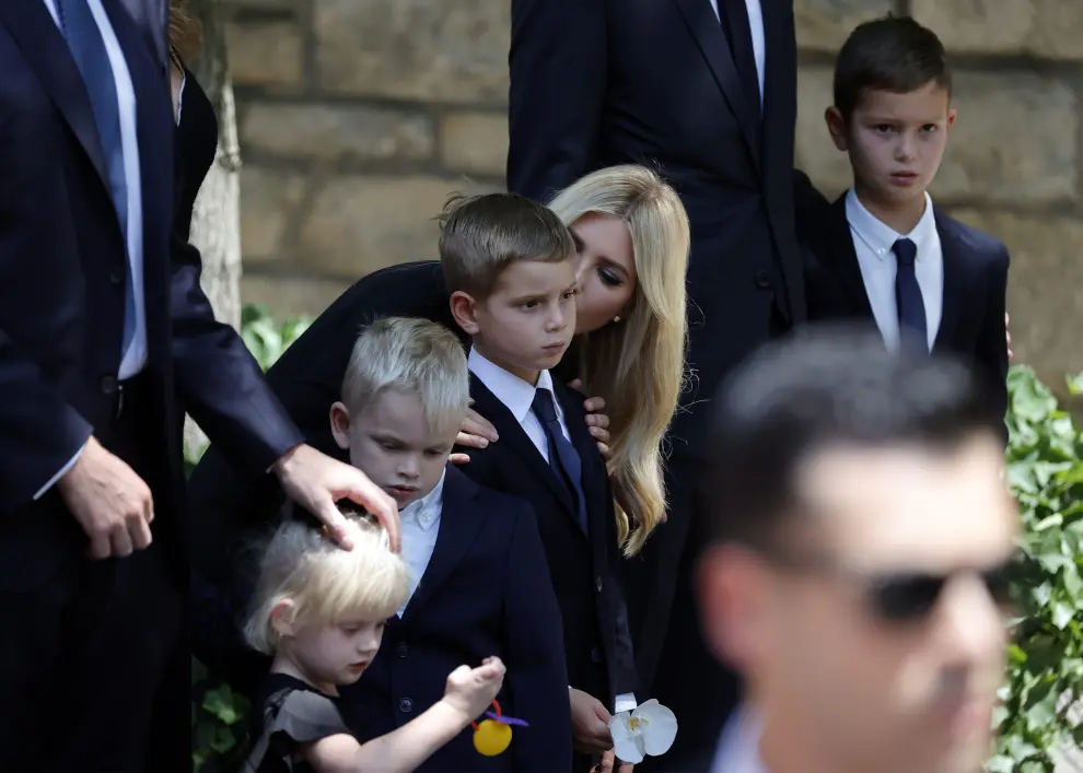 Former U.S. President Donald Trump and his daughter Ivanka attend the funeral for Ivana Trump, socialite and his first wife, in New York City, U.S., July 20, 2022. REUTERS/Jeenah Moon PEOPLE-IVANA TRUMP/FUNERAL