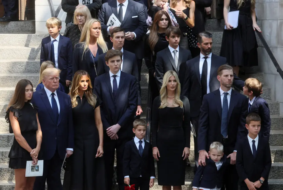 Former U.S. President Donald Trump's wife Melania, his son Barron, his daughter Ivanka and her husband Jared Kushner leave St. Vincent Ferrer Church during the funeral of Ivana Trump, socialite and Trump's first wife, in New York City, U.S., July 20, 2022. REUTERS/Brendan McDermid PEOPLE-IVANA TRUMP/FUNERAL
