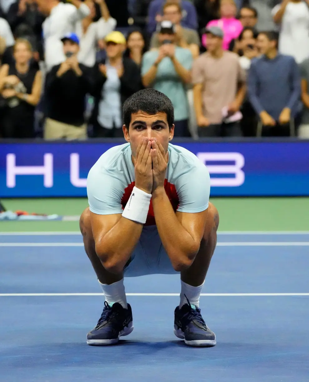 Sept 7, 2022; Flushing, NY, USA;  Carlos Alcaraz of Spain after beating Jannik Sinner of Italy on day ten of the 2022 U.S. Open tennis tournament at USTA Billie Jean King National Tennis Center. Mandatory Credit: Robert Deutsch-USA TODAY Sports TENNIS/