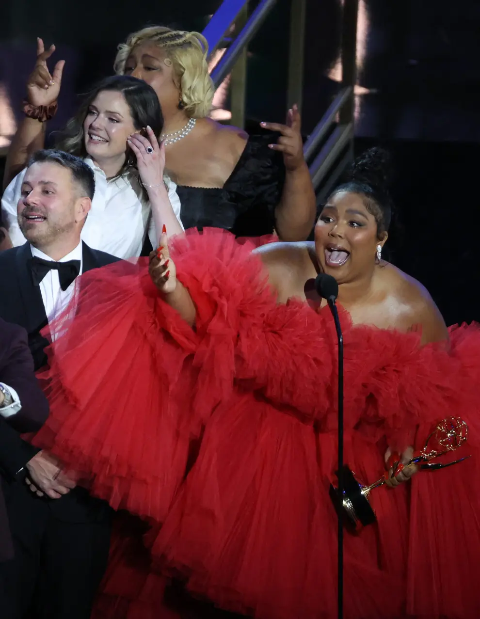 Lizzo reacts as she accepts the award for Outstanding Competition Program for "Lizzo's Watch Out for the Big Grrrls" at the 74th Primetime Emmy Awards held at the Microsoft Theater in Los Angeles, U.S., September 12, 2022. REUTERS/Mario Anzuoni AWARDS-EMMYS/