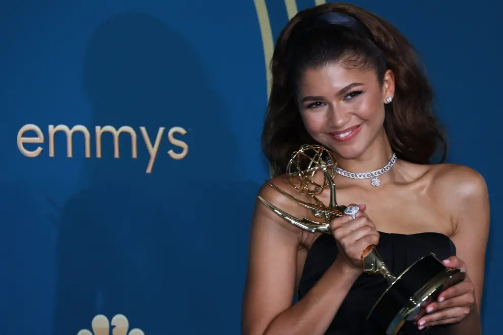 Zendaya poses with her award for Outstanding Lead Actress In A Drama Series for "Euphoria" at the 74th Primetime Emmy Awards held at the Microsoft Theater in Los Angeles, U.S., September 12, 2022. REUTERS/Aude Guerrucci AWARDS-EMMYS/