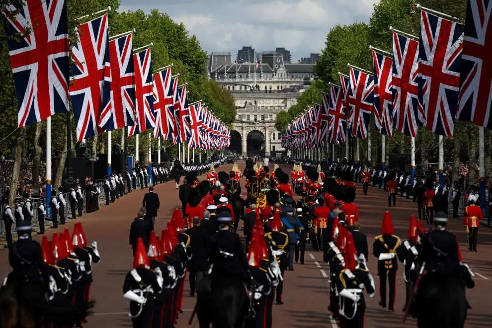 Britain's King Charles III follows the coffin of Queen Elizabeth II during a procession from Buckingham Palace to Westminster Hall in London, Wednesday, Sept. 14, 2022. The Queen will lie in state in Westminster Hall for four full days before her funeral on Monday Sept. 19. Martin Meissner/Pool via REUTERS BRITAIN-ROYALS/QUEEN
