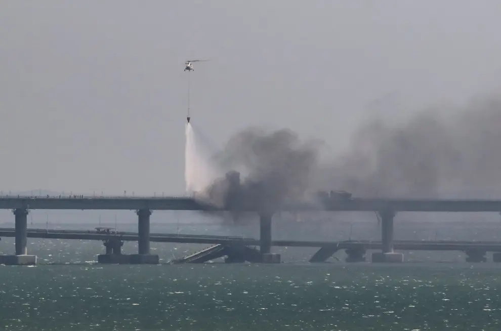 Kerch bridge on fire in Kerch Strait, Crimea