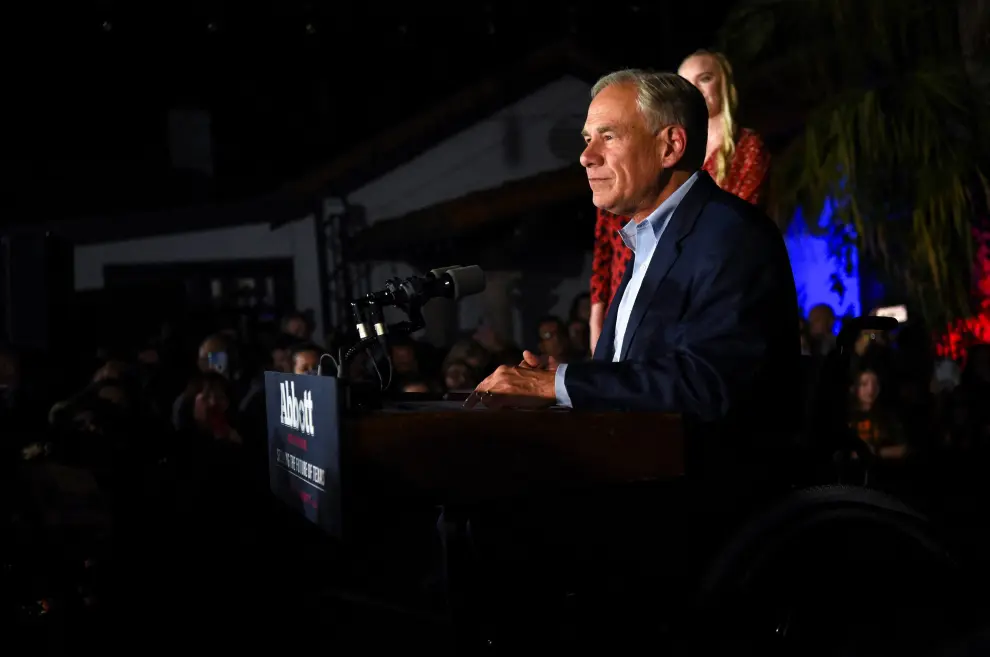 Republican Governor Greg Abbott speaks during his 2022 U.S. midterm elections night party in McAllen, Texas, U.S., November 8, 2022. REUTERS/Callaghan O'Hare USA-ELECTION/TEXAS