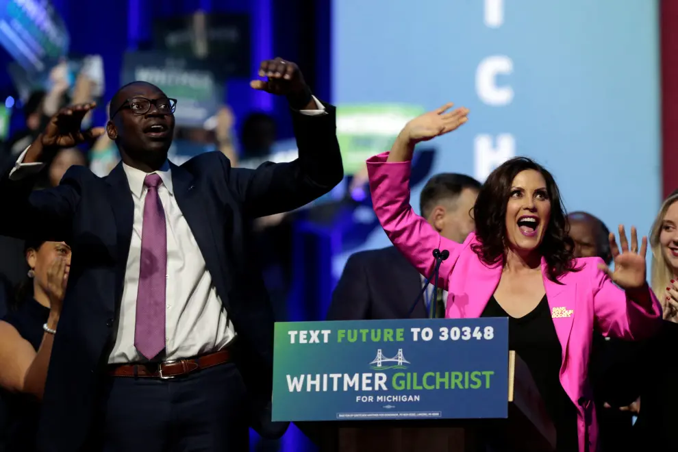 Democratic Michigan Governor Gretchen Whitmer reacts during her 2022 U.S. midterm elections night party in Detroit, Michigan, U.S., November 9, 2022.  REUTERS/Rebecca Cook USA-ELECTION/MICHIGAN