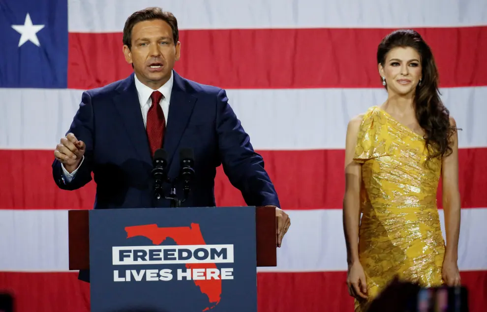 Casey DeSantis, wife of Florida Governor Ron DeSantis, listens to him speak at his 2022 U.S. midterm elections night party in Tampa, Florida, U.S., November 8, 2022. REUTERS/Marco Bello USA-ELECTION/FLORIDA-GOVERNOR