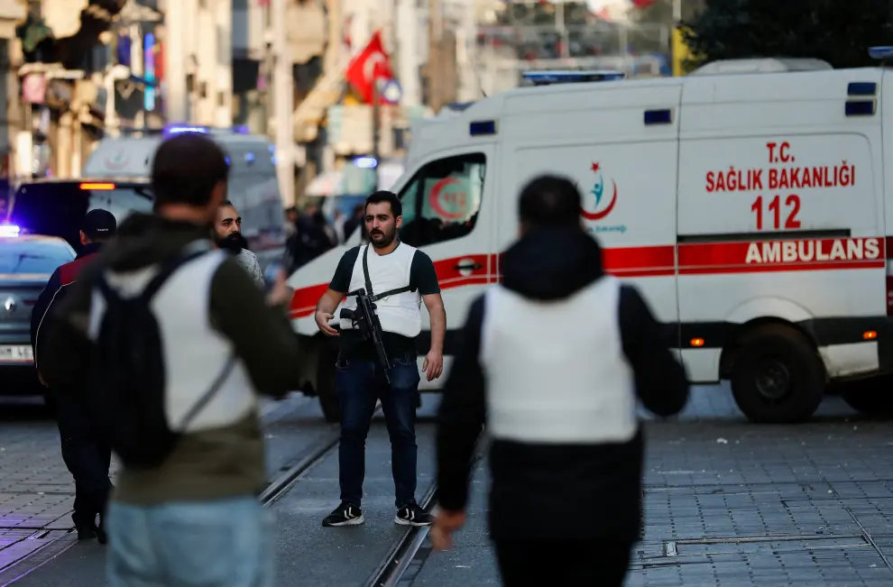 View of ambulances at the scene after an explosion on busy pedestrian Istiklal street in Istanbul, Turkey, November 13, 2022. REUTERS/Kemal Aslan TURKEY-SECURITY/