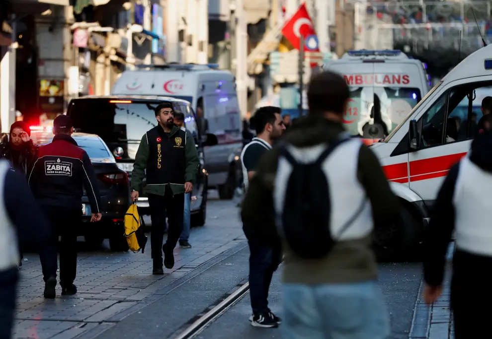 Ambulances and security is seen after an explosion on busy pedestrian Istiklal street in Istanbul, Turkey, November 13, 2022. REUTERS/Kemal Aslan TURKEY-SECURITY/
