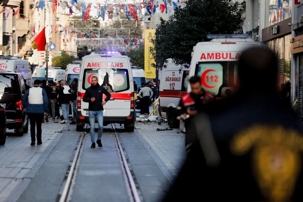 View of ambulances and police at the scene after an explosion on busy pedestrian Istiklal street in Istanbul, Turkey, November 13, 2022. REUTERS/Kemal Aslan TURKEY-SECURITY/
