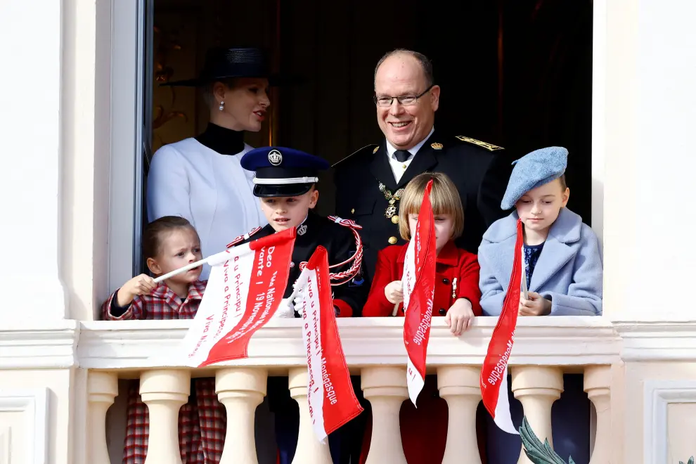 Pierre Casiraghi and his wife Beatrice Borromeo, their children Stefano Casiraghi and Francesco Casiraghi, Charlotte Casiraghi and her husband Dimitri Rassam, Raphael Elmaleh and Balthazar Rassam attend celebrations marking Monaco's National Day at the Palace in Monaco, November 19, 2022. REUTERS/Eric Gaillard/Pool MONACO-ROYALS/