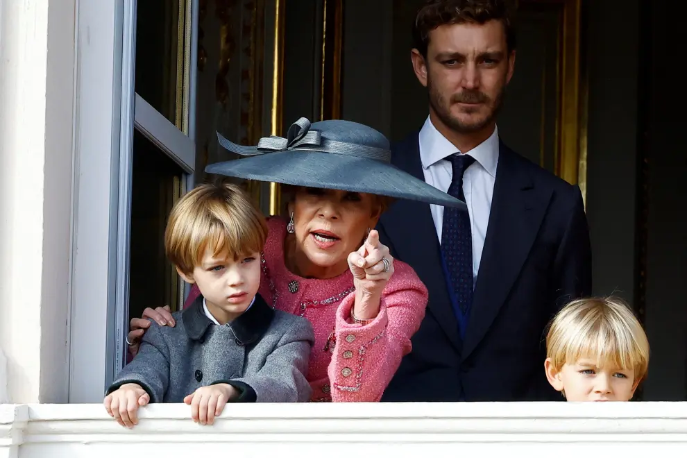 Princess Caroline of Hanover, Charlotte Casiraghi, Pierre Casiraghi, Stefano Casiraghi and Francesco Casiraghi stand on the Palace balcony during the celebrations marking Monaco's National Day in Monaco, November 19, 2022. REUTERS/Eric Gaillard MONACO-ROYALS/