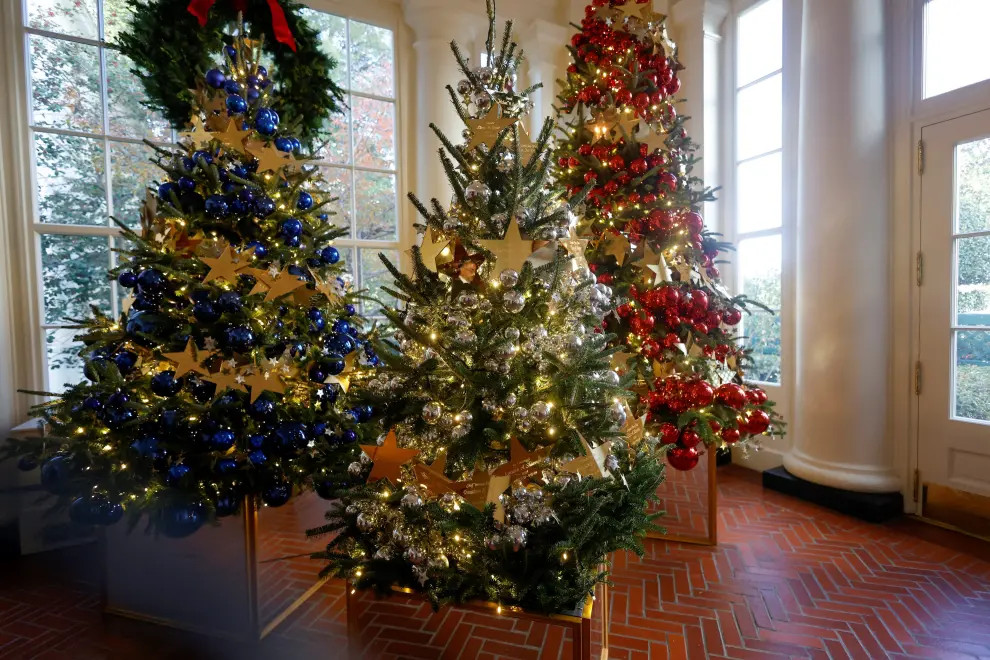 The White House Christmas Tree is displayed in the Blue Room as Christmas decorations on the theme "We the People" are unveiled during a press tour ahead of holiday receptions by U.S. President Joe Biden and first lady Jill Biden, at the White House in Washington, D.C., U.S. November 28, 2022. REUTERS/Jonathan Ernst CHRISTMAS-SEASON/WHITEHOUSE