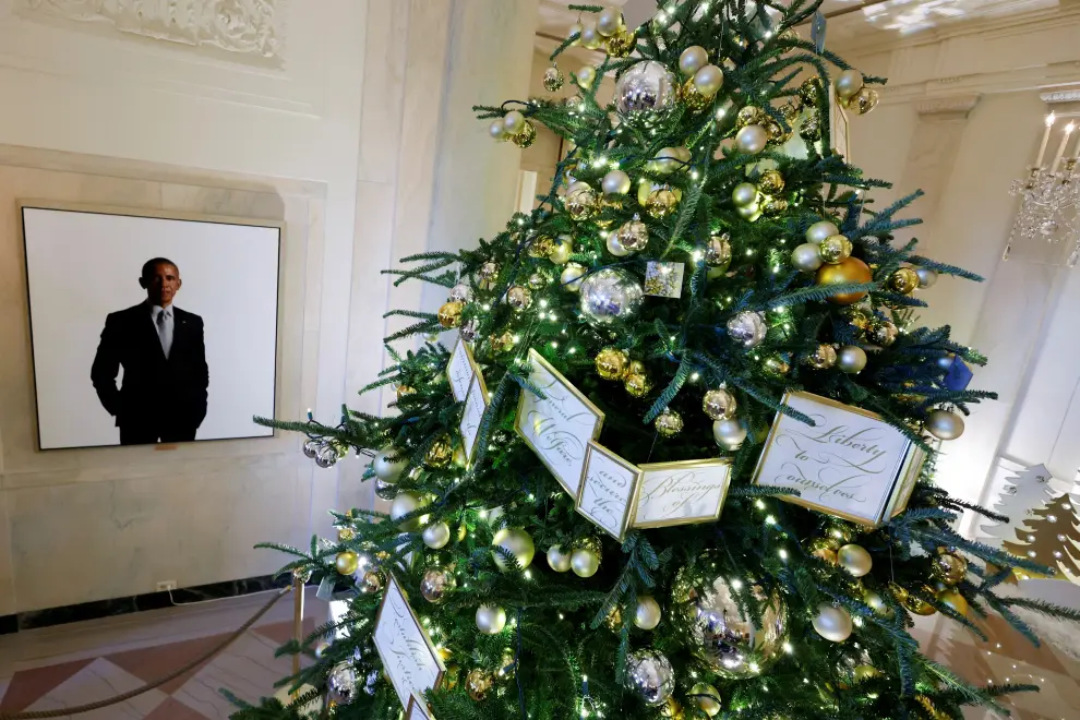 Gold Star trees honor fallen U.S. military service members, here including U.S. Air Force Sergeant Marshal Roberts, as Christmas decorations on the theme "We the People" are unveiled during a press tour ahead of holiday receptions by U.S. President Joe Biden and first lady Jill Biden, at the White House in Washington, D.C., U.S. November 28, 2022. REUTERS/Jonathan Ernst CHRISTMAS-SEASON/WHITEHOUSE
