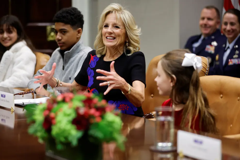 U.S. first lady Biden meets with children of U.S. National Guard service members at the White House in Washington