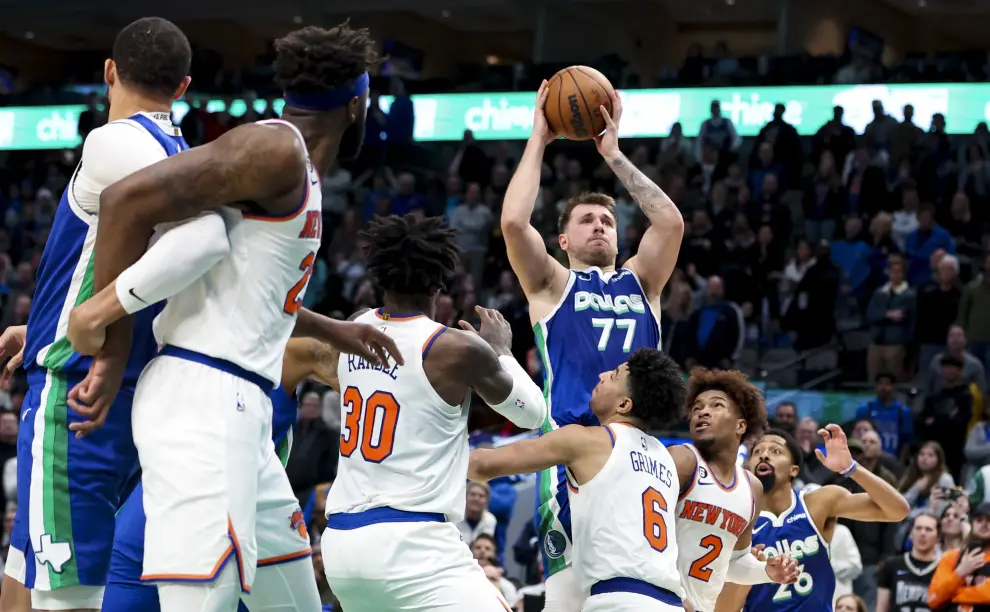 Dec 27, 2022; Dallas, Texas, USA;  Dallas Mavericks guard Luka Doncic (77) reacts after scoring during the fourth quarter against the New York Knicks at American Airlines Center. Mandatory Credit: Kevin Jairaj-USA TODAY Sports BASKETBALL-NBA-DAL-NYK/