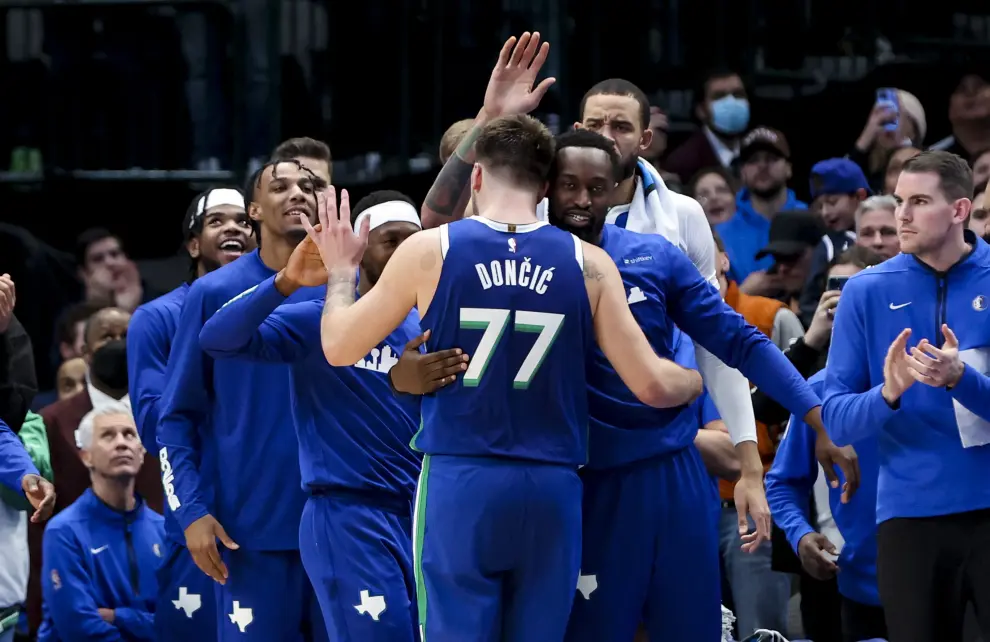 Dec 27, 2022; Dallas, Texas, USA;  Dallas Mavericks guard Luka Doncic (77) reacts after scoring during the fourth quarter against the New York Knicks at American Airlines Center. Mandatory Credit: Kevin Jairaj-USA TODAY Sports BASKETBALL-NBA-DAL-NYK/
