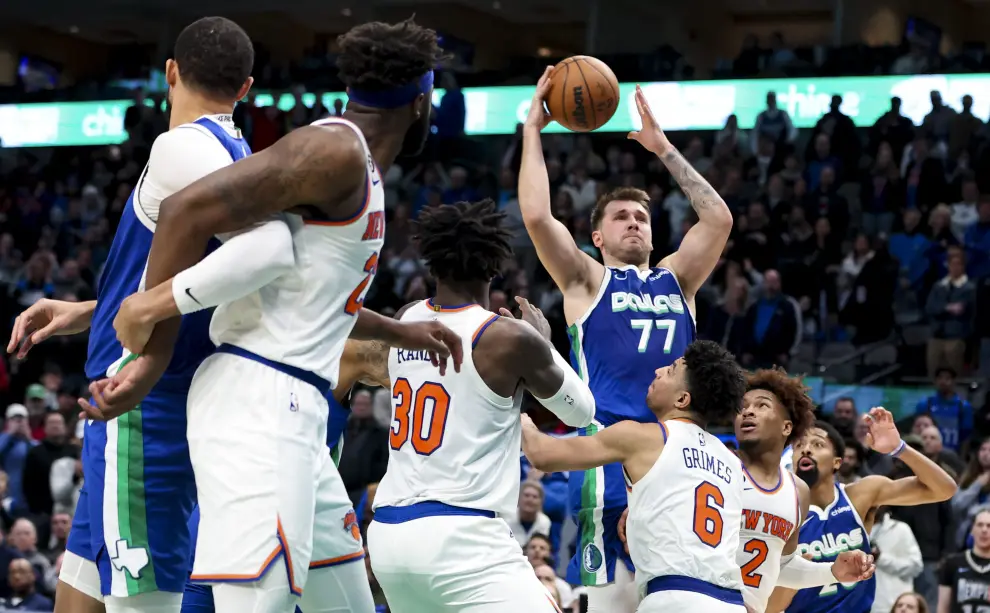 Dec 27, 2022; Dallas, Texas, USA;  Dallas Mavericks guard Luka Doncic (77) reacts after scoring near the end of the fourth quarter against the New York Knicks at American Airlines Center. Mandatory Credit: Kevin Jairaj-USA TODAY Sports BASKETBALL-NBA-DAL-NYK/