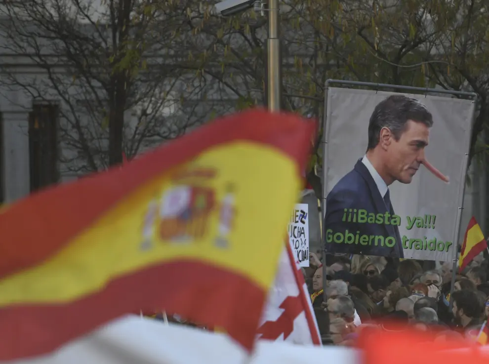 A person waves a flag as people protest against the government of Spanish Prime Minister Pedro Sanchez at Cibeles Square in Madrid, Spain, January 21, 2023. REUTERS/Susana Vera SPAIN-POLITICS/PROTEST