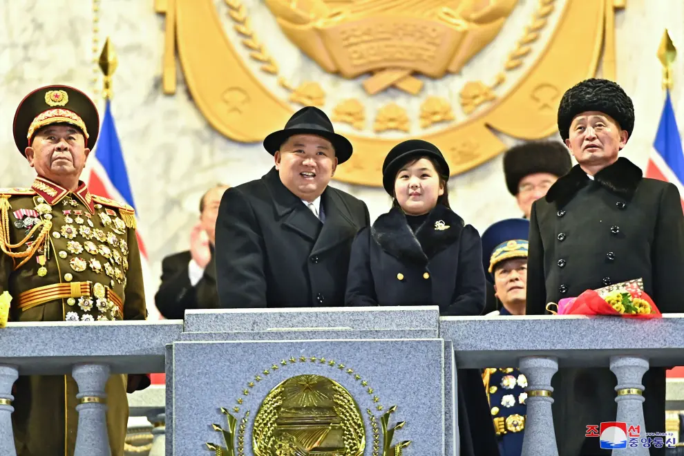 North Korean leader Kim Jong Un, with his wife Ri Sol Ju and their daughter Kim Ju Ae seated at the back, attends a military parade to mark the 75th founding anniversary of North Korea's army, at Kim Il Sung Square in Pyongyang, North Korea February 8, 2023, in this photo released by North Korea's Korean Central News Agency (KCNA).    KCNA via REUTERS    ATTENTION EDITORS - THIS IMAGE WAS PROVIDED BY A THIRD PARTY. REUTERS IS UNABLE TO INDEPENDENTLY VERIFY THIS IMAGE. NO THIRD PARTY SALES. SOUTH KOREA OUT. NO COMMERCIAL OR EDITORIAL SALES IN SOUTH KOREA. NORTHKOREA-MILITARY/ANNIVERSARY-PARADE