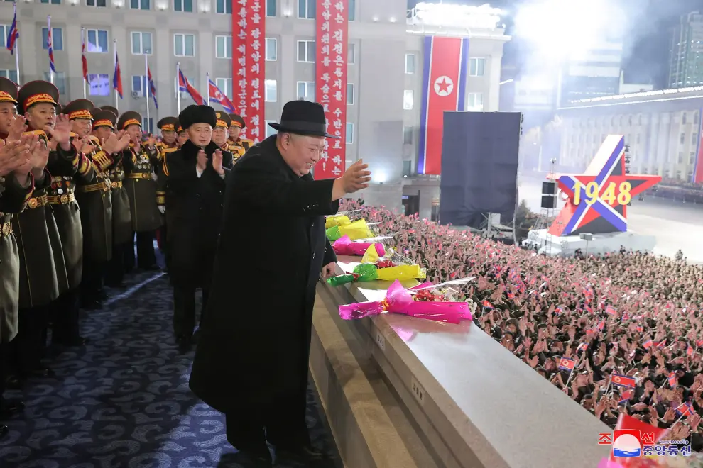 North Korean leader Kim Jong Un attends a military parade to mark the 75th founding anniversary of North Korea's army, at Kim Il Sung Square in Pyongyang, North Korea February 8, 2023, in this photo released by North Korea's Korean Central News Agency (KCNA).    KCNA via REUTERS    ATTENTION EDITORS - THIS IMAGE WAS PROVIDED BY A THIRD PARTY. REUTERS IS UNABLE TO INDEPENDENTLY VERIFY THIS IMAGE. NO THIRD PARTY SALES. SOUTH KOREA OUT. NO COMMERCIAL OR EDITORIAL SALES IN SOUTH KOREA. NORTHKOREA-MILITARY/ANNIVERSARY-PARADE