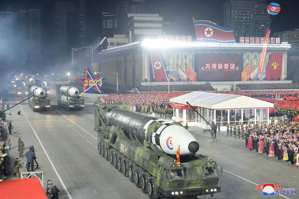 A missile is displayed during a military parade to mark the 75th founding anniversary of North Korea's army, at Kim Il Sung Square in Pyongyang, North Korea February 8, 2023, in this photo released by North Korea's Korean Central News Agency (KCNA).    KCNA via REUTERS    ATTENTION EDITORS - THIS IMAGE WAS PROVIDED BY A THIRD PARTY. REUTERS IS UNABLE TO INDEPENDENTLY VERIFY THIS IMAGE. NO THIRD PARTY SALES. SOUTH KOREA OUT. NO COMMERCIAL OR EDITORIAL SALES IN SOUTH KOREA. NORTHKOREA-MILITARY/ANNIVERSARY-PARADE