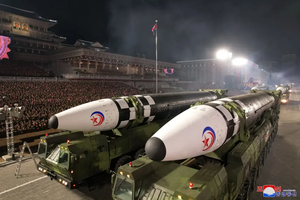 Missiles are displayed during a military parade to mark the 75th founding anniversary of North Korea's army, at Kim Il Sung Square in Pyongyang, North Korea February 8, 2023, in this photo released by North Korea's Korean Central News Agency (KCNA).    KCNA via REUTERS    ATTENTION EDITORS - THIS IMAGE WAS PROVIDED BY A THIRD PARTY. REUTERS IS UNABLE TO INDEPENDENTLY VERIFY THIS IMAGE. NO THIRD PARTY SALES. SOUTH KOREA OUT. NO COMMERCIAL OR EDITORIAL SALES IN SOUTH KOREA. NORTHKOREA-MILITARY/ANNIVERSARY-PARADE