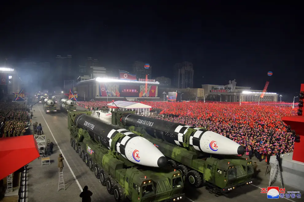 Missiles are displayed during a military parade to mark the 75th founding anniversary of North Korea's army, at Kim Il Sung Square in Pyongyang, North Korea February 8, 2023, in this photo released by North Korea's Korean Central News Agency (KCNA).    KCNA via REUTERS    ATTENTION EDITORS - THIS IMAGE WAS PROVIDED BY A THIRD PARTY. REUTERS IS UNABLE TO INDEPENDENTLY VERIFY THIS IMAGE. NO THIRD PARTY SALES. SOUTH KOREA OUT. NO COMMERCIAL OR EDITORIAL SALES IN SOUTH KOREA. NORTHKOREA-MILITARY/ANNIVERSARY-PARADE