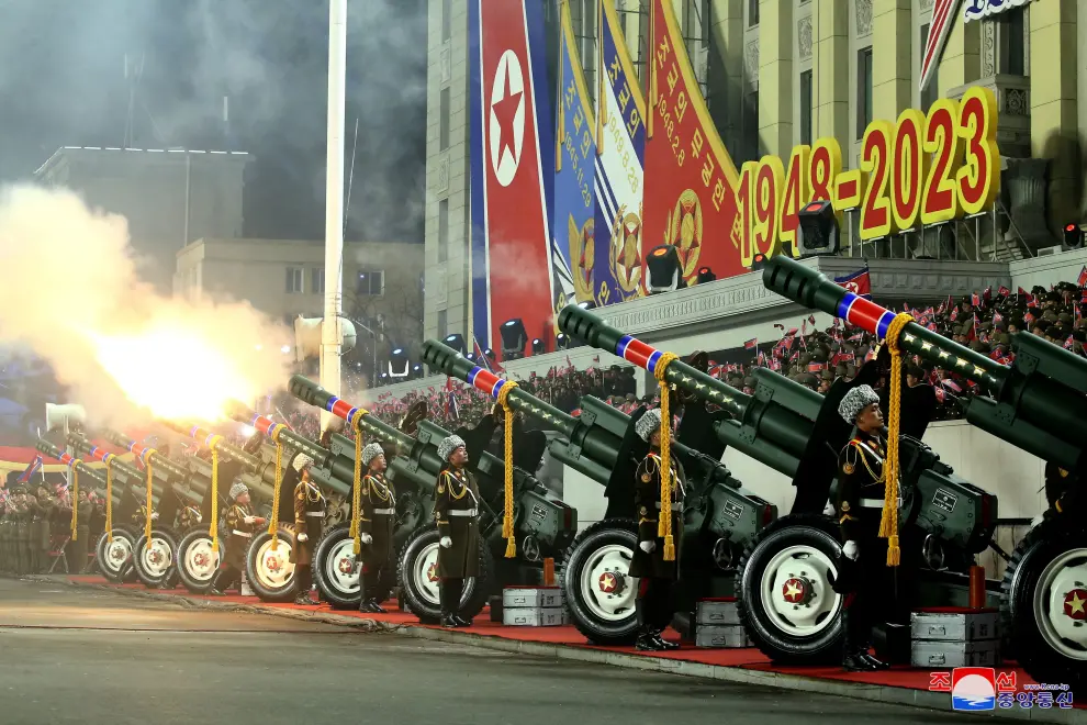 Fireworks illuminate the sky during a military parade to mark the 75th founding anniversary of North Korea's army, in Pyongyang, North Korea February 8, 2023, in this photo released by North Korea's Korean Central News Agency (KCNA).    KCNA via REUTERS    ATTENTION EDITORS - THIS IMAGE WAS PROVIDED BY A THIRD PARTY. REUTERS IS UNABLE TO INDEPENDENTLY VERIFY THIS IMAGE. NO THIRD PARTY SALES. SOUTH KOREA OUT. NO COMMERCIAL OR EDITORIAL SALES IN SOUTH KOREA. NORTHKOREA-MILITARY/ANNIVERSARY-PARADE