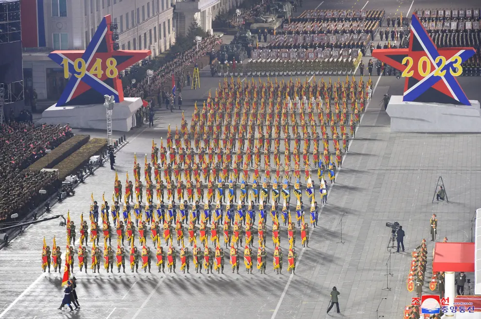 Troops take part in a military parade to mark the 75th founding anniversary of North Korea's army, at Kim Il Sung Square in Pyongyang, North Korea February 8, 2023, in this photo released by North Korea's Korean Central News Agency (KCNA).    KCNA via REUTERS    ATTENTION EDITORS - THIS IMAGE WAS PROVIDED BY A THIRD PARTY. REUTERS IS UNABLE TO INDEPENDENTLY VERIFY THIS IMAGE. NO THIRD PARTY SALES. SOUTH KOREA OUT. NO COMMERCIAL OR EDITORIAL SALES IN SOUTH KOREA. NORTHKOREA-MILITARY/ANNIVERSARY-PARADE