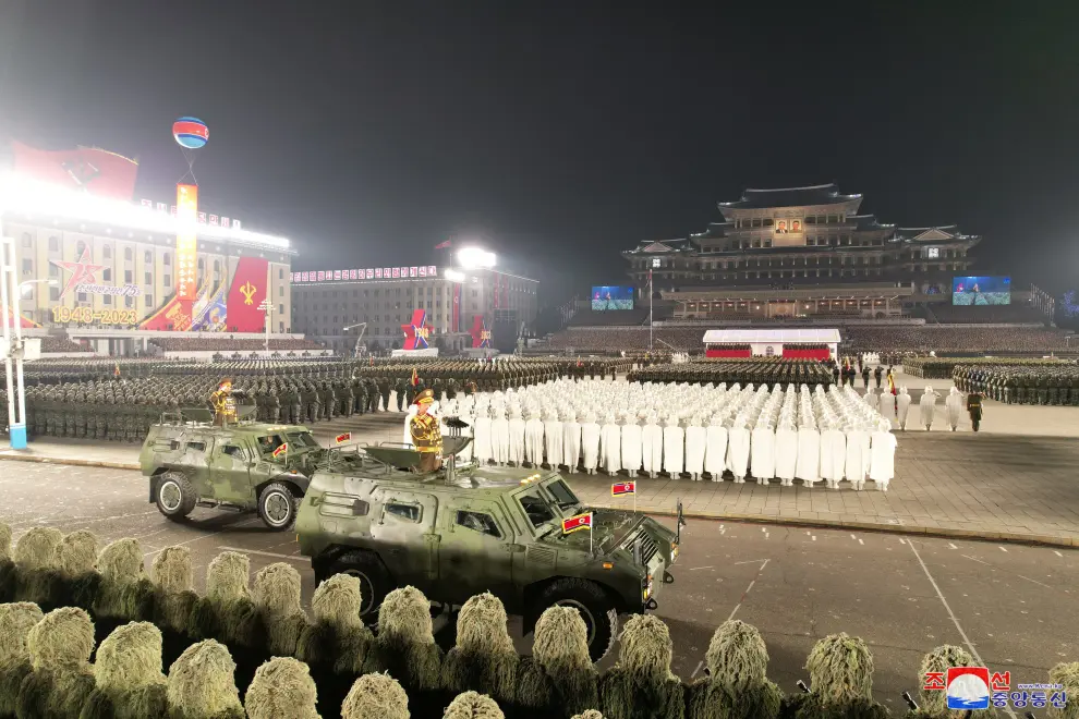 Troops perform a gun salute during a military parade to mark the 75th founding anniversary of North Korea's army, in Pyongyang, North Korea February 8, 2023, in this photo released by North Korea's Korean Central News Agency (KCNA).    KCNA via REUTERS    ATTENTION EDITORS - THIS IMAGE WAS PROVIDED BY A THIRD PARTY. REUTERS IS UNABLE TO INDEPENDENTLY VERIFY THIS IMAGE. NO THIRD PARTY SALES. SOUTH KOREA OUT. NO COMMERCIAL OR EDITORIAL SALES IN SOUTH KOREA. NORTHKOREA-MILITARY/ANNIVERSARY-PARADE