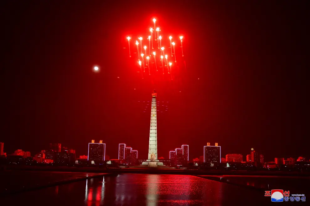 Fireworks illuminate the sky during a military parade to mark the 75th founding anniversary of North Korea's army, in Pyongyang, North Korea February 8, 2023, in this photo released by North Korea's Korean Central News Agency (KCNA).    KCNA via REUTERS    ATTENTION EDITORS - THIS IMAGE WAS PROVIDED BY A THIRD PARTY. REUTERS IS UNABLE TO INDEPENDENTLY VERIFY THIS IMAGE. NO THIRD PARTY SALES. SOUTH KOREA OUT. NO COMMERCIAL OR EDITORIAL SALES IN SOUTH KOREA. NORTHKOREA-MILITARY/ANNIVERSARY-PARADE
