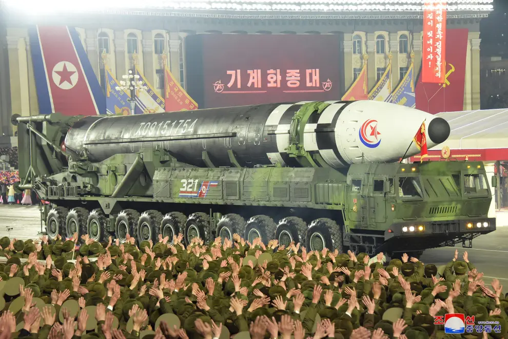 Pyongyang (Korea, Democratic People''s Republic Of), 08/02/2023.- A photo released by the official North Korean Central News Agency (KCNA) shows Hwasong-17 intercontinental ballistic missiles displayed during a military parade at Kim Il Sung Square to mark the 75th anniversary of the founding of the Korean People's Army (KPA), the revolutionary armed forces of the Worker's Party of Korea (WPK) in Pyongyang, North Korea, 08 February 2023 (issued 09 February 2023). EFE/EPA/KCNA EDITORIAL USE ONLY EDITORIAL USE ONLY
 NORTH KOREA DEFENSE KPA ANNIVERSARY
