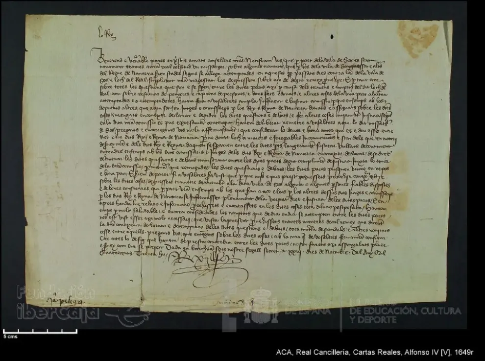 Carta del rey Alfonso V a Berenguer de Bardají, Justicia de Aragón, sobre la villa de Sos (del Rey Católico) y otros lugares de la frontera de Navarra.