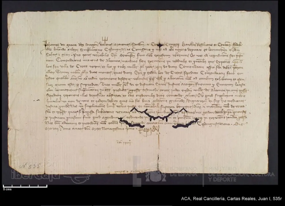 Carta del rey Juan I al sobrejuntero de Zaragoza, en relación a los réditos de la villa de Cretas, los cuales fueron encomendados a Astruch Corcoç, judío de la villa de Alcañiz.