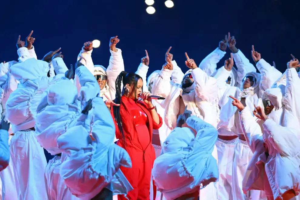 Feb 12, 2023; Glendale, Arizona, US; Recording artist Rihanna performs during the halftime show of Super Bowl LVII between the Kansas City Chiefs and the Philadelphia Eagles at State Farm Stadium. Mandatory Credit: Bill Streicher-USA TODAY Sports FOOTBALL-NFL/
