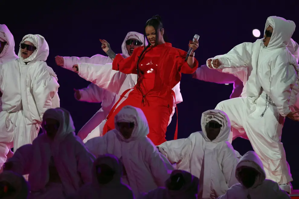 Feb 12, 2023; Glendale, Arizona, US; Recordist artist Rihanna performs during the halftime show of Super Bowl LVII at State Farm Stadium. Mandatory Credit: Mark J. Rebilas-USA TODAY Sports FOOTBALL-NFL/