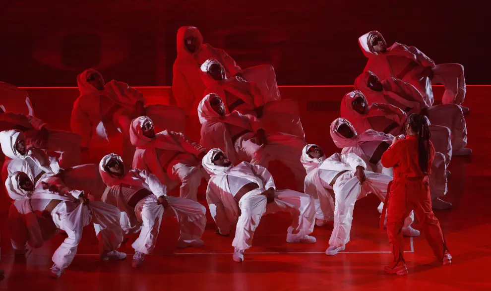 Feb 12, 2023; Glendale, Arizona, US; Recording artist Rihanna performs during the halftime show of Super Bowl LVII between the Kansas City Chiefs and the Philadelphia Eagles at State Farm Stadium. Mandatory Credit: Bill Streicher-USA TODAY Sports FOOTBALL-NFL/