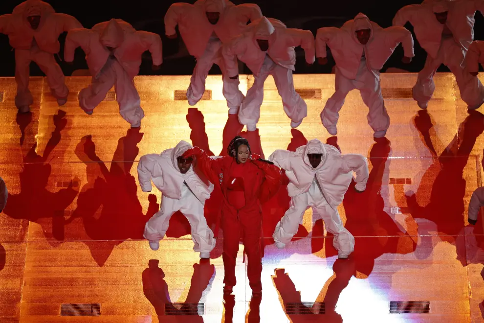 Feb 12, 2023; Glendale, Arizona, US; Recording artist Rihanna performs during the halftime show of Super Bowl LVII between the Kansas City Chiefs and the Philadelphia Eagles at State Farm Stadium. Mandatory Credit: Bill Streicher-USA TODAY Sports FOOTBALL-NFL/