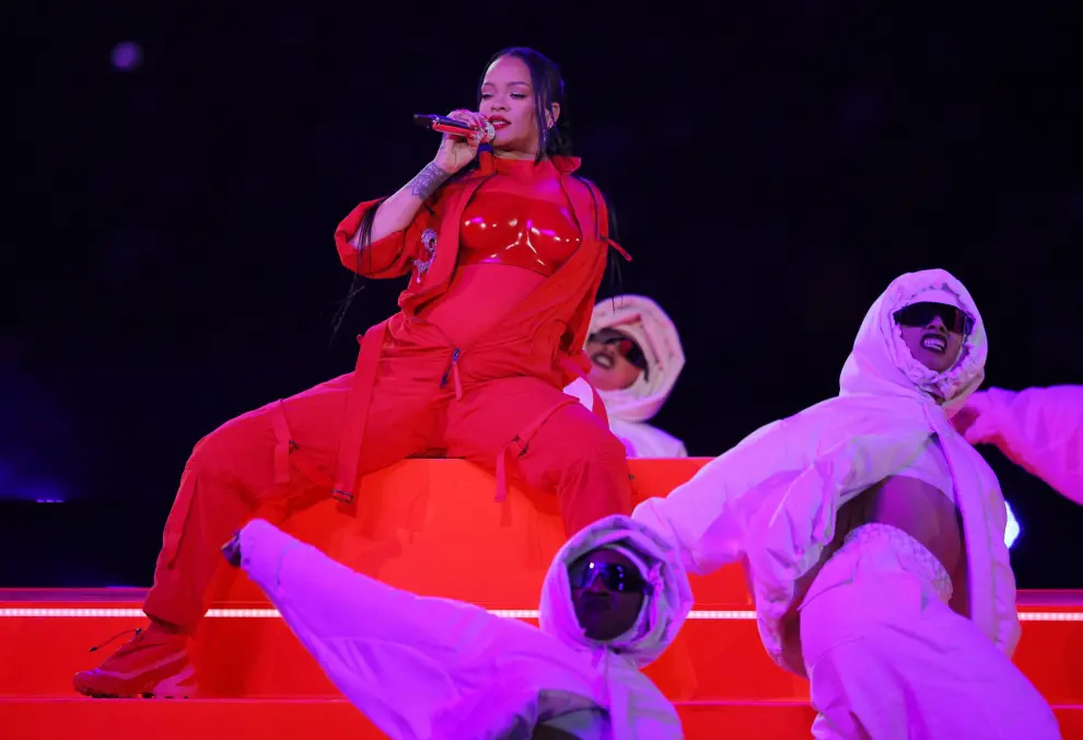 Feb 12, 2023; Glendale, Arizona, US; General view as recording artist Rihanna performs during the halftime show of Super Bowl LVII between the Kansas City Chiefs and the Philadelphia Eagles at State Farm Stadium. Mandatory Credit: Bill Streicher-USA TODAY Sports FOOTBALL-NFL/